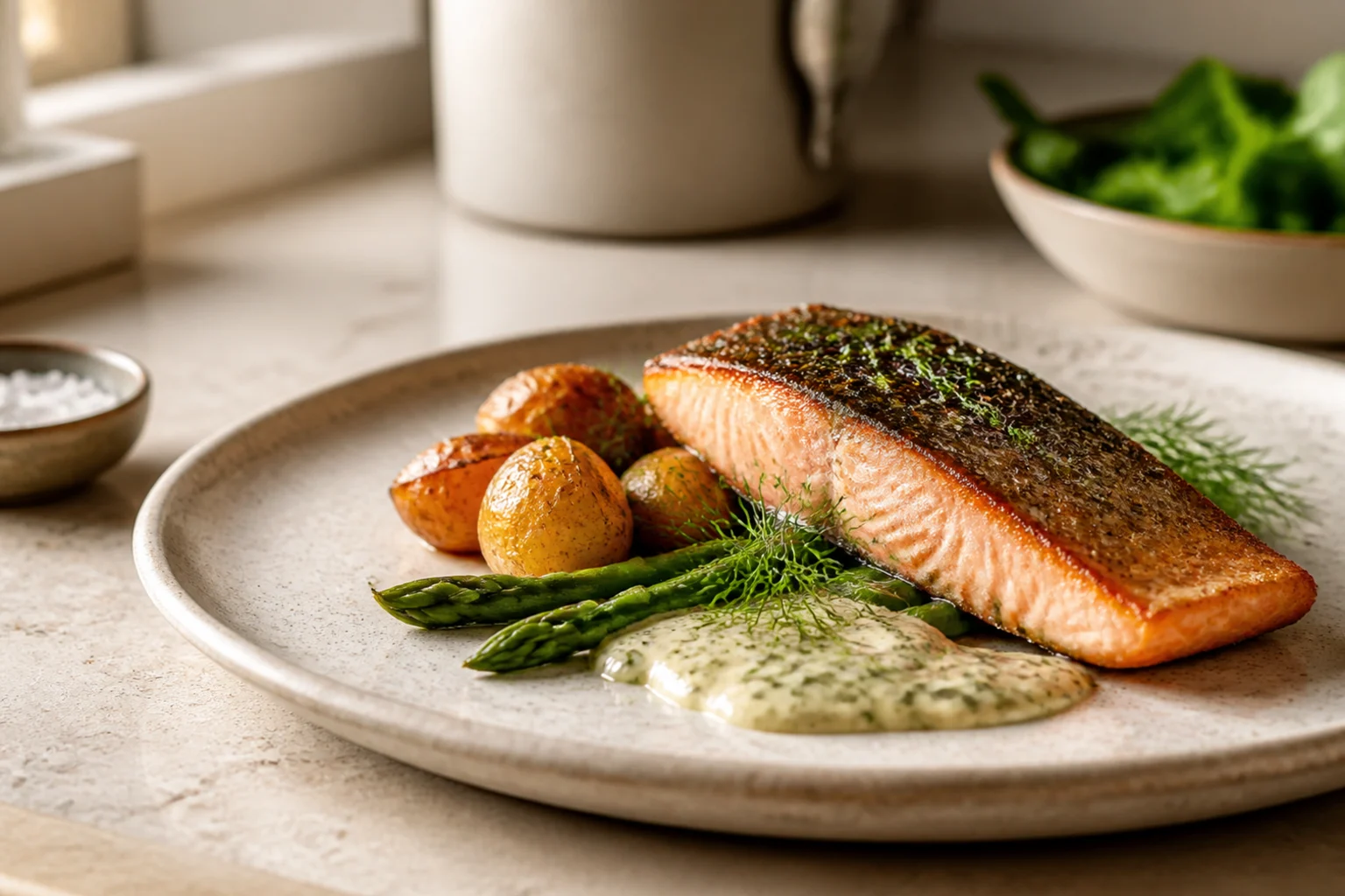 Stegt laks med små kartofler, grønne asparges og sauce på en lys tallerken