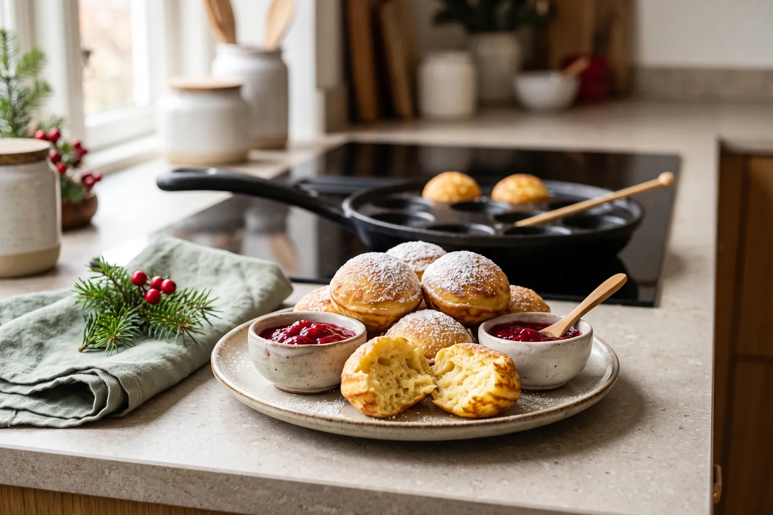 Tallerken med gyldne æbleskiver drysset med flormelis og en brudt over, så den luftige krumme ses, syltetøj ved siden af og æbleskivepande bagved