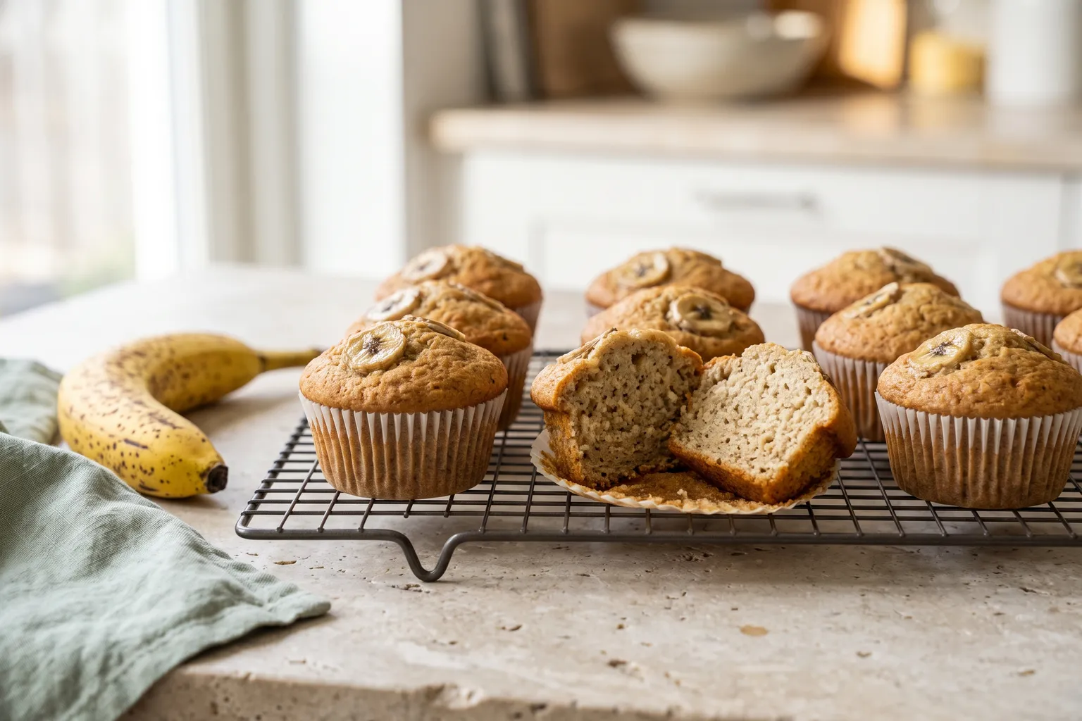 Bananmuffins i hvide papirforme på en bagerist med bananskiver på toppen, én brudt over så den saftige krumme ses