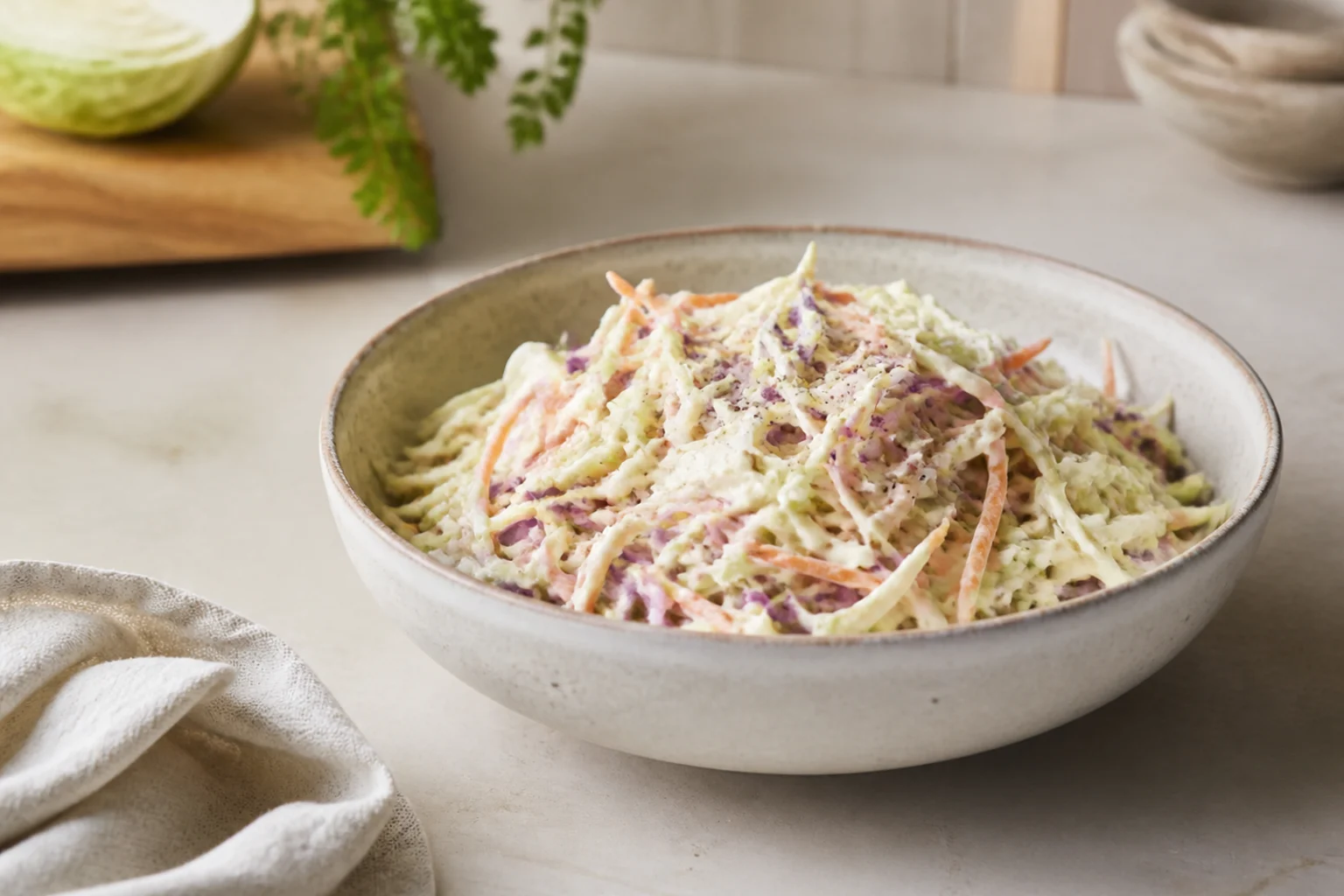 Cremet coleslaw serveret og klar
