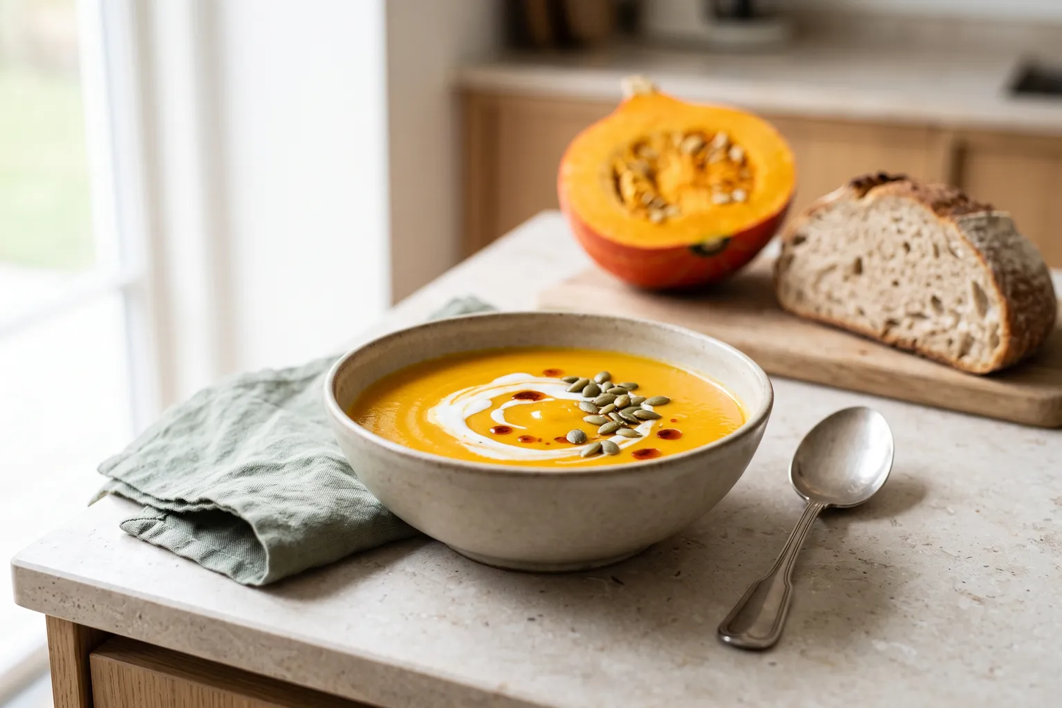Skål med glat, orange græskarsuppe med en stribe kokosmælk, ristede græskarkerner og chiliolie, et halvt hokkaidogræskar bagved