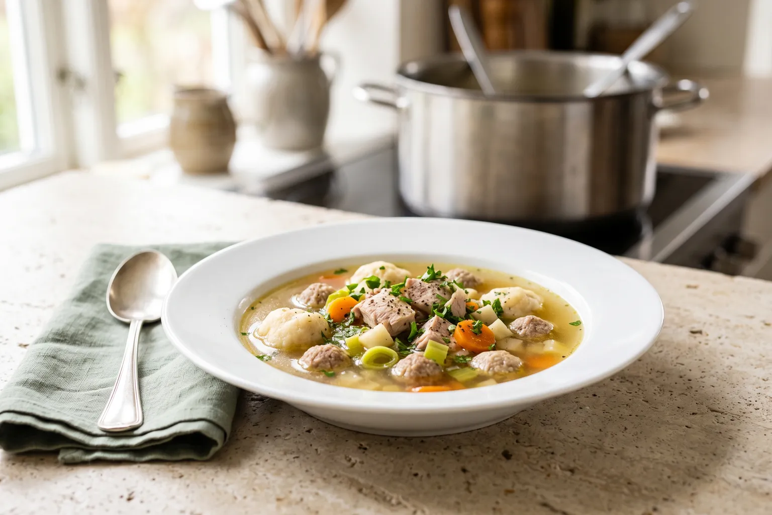 Dyb tallerken med klar, gylden hønsekødssuppe med hønsekød, kødboller, melboller, gulerod, porre og selleri, en suppegryde bagved