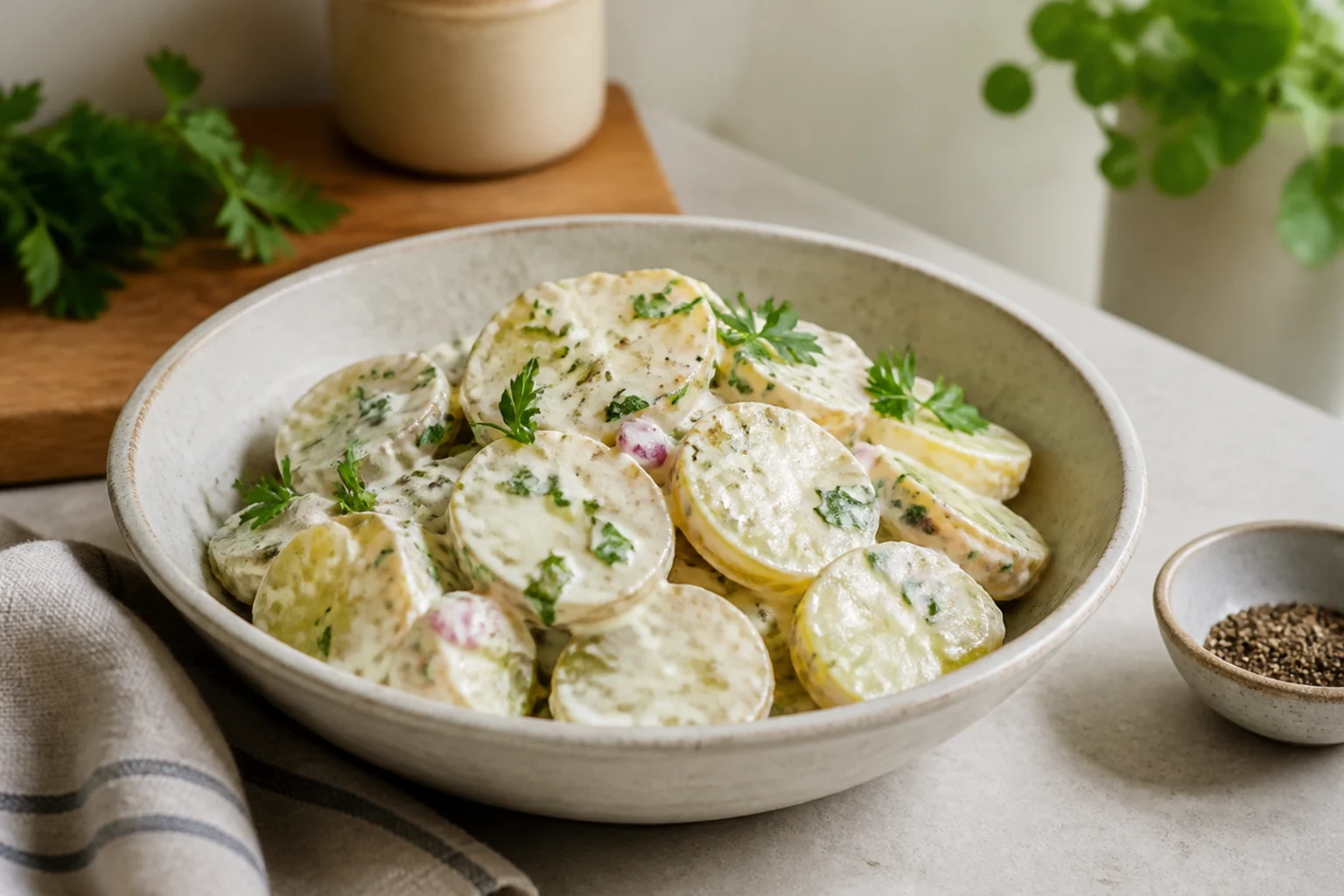 Kold kartoffelsalat serveret og klar