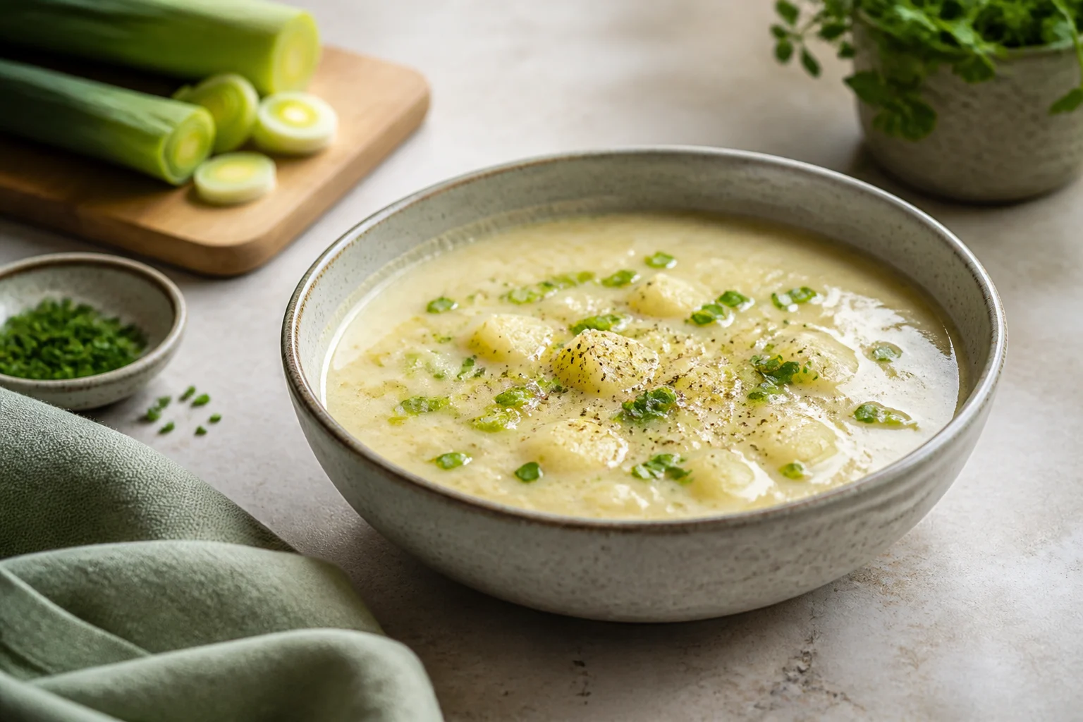 Kartoffelsuppe med porre anrettet og klar til servering