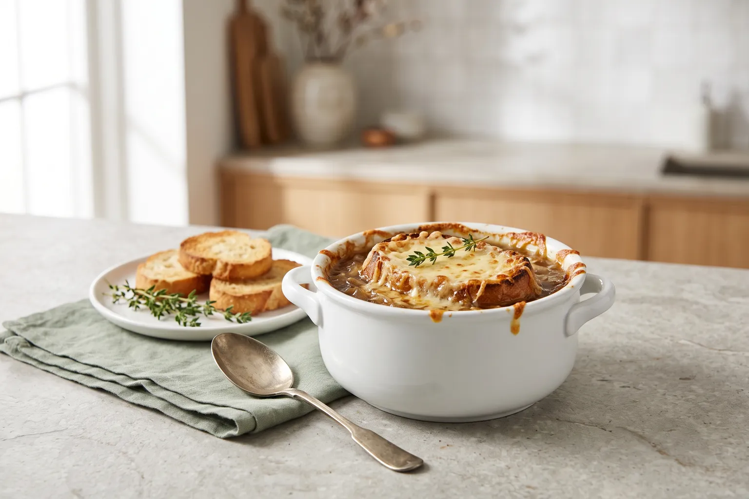 Fransk løgsuppe i hvid ovnfast skål med brød og gratineret, boblet gruyère på toppen, ristede baguetteskiver ved siden af