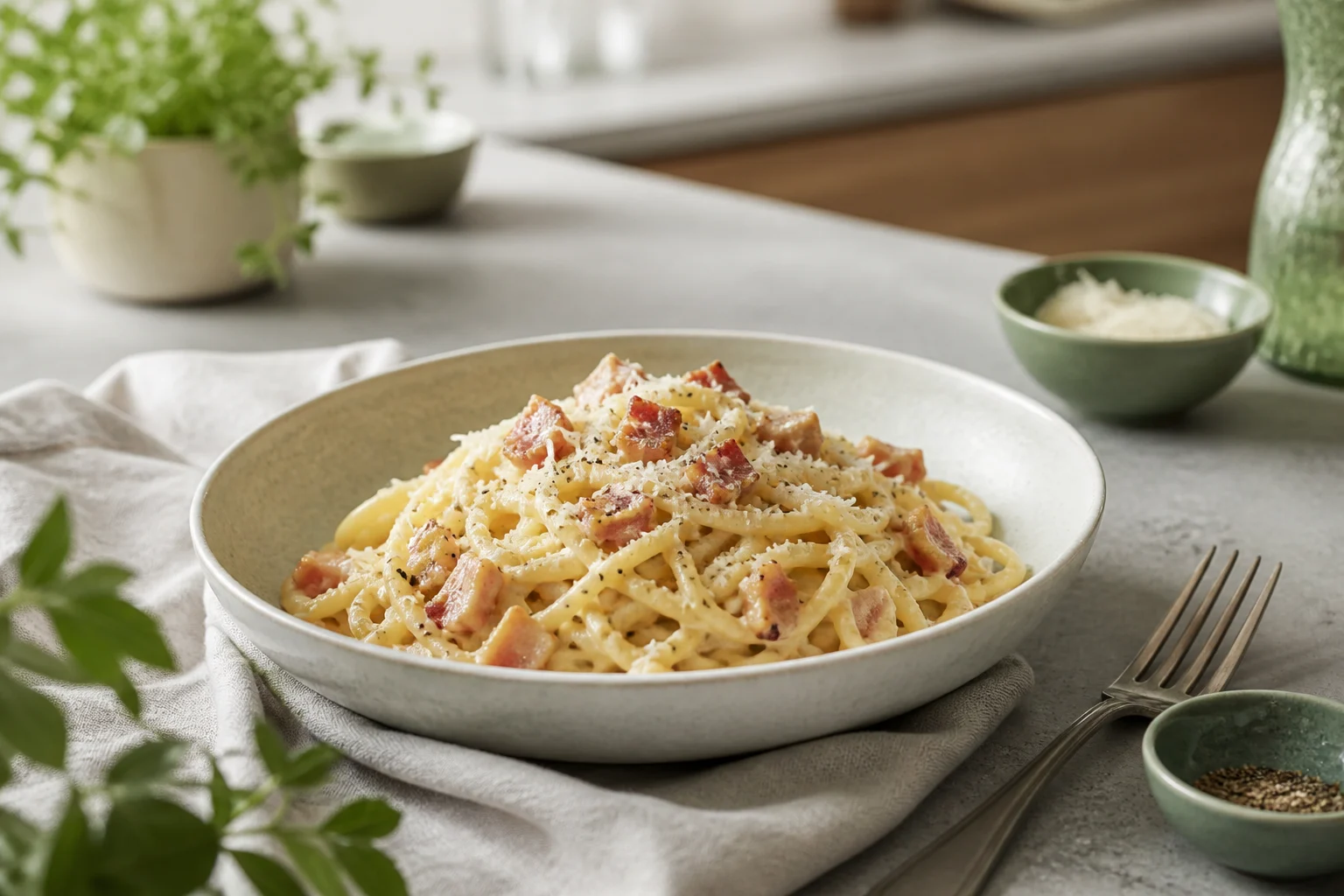 Pasta carbonara anrettet og klar til servering
