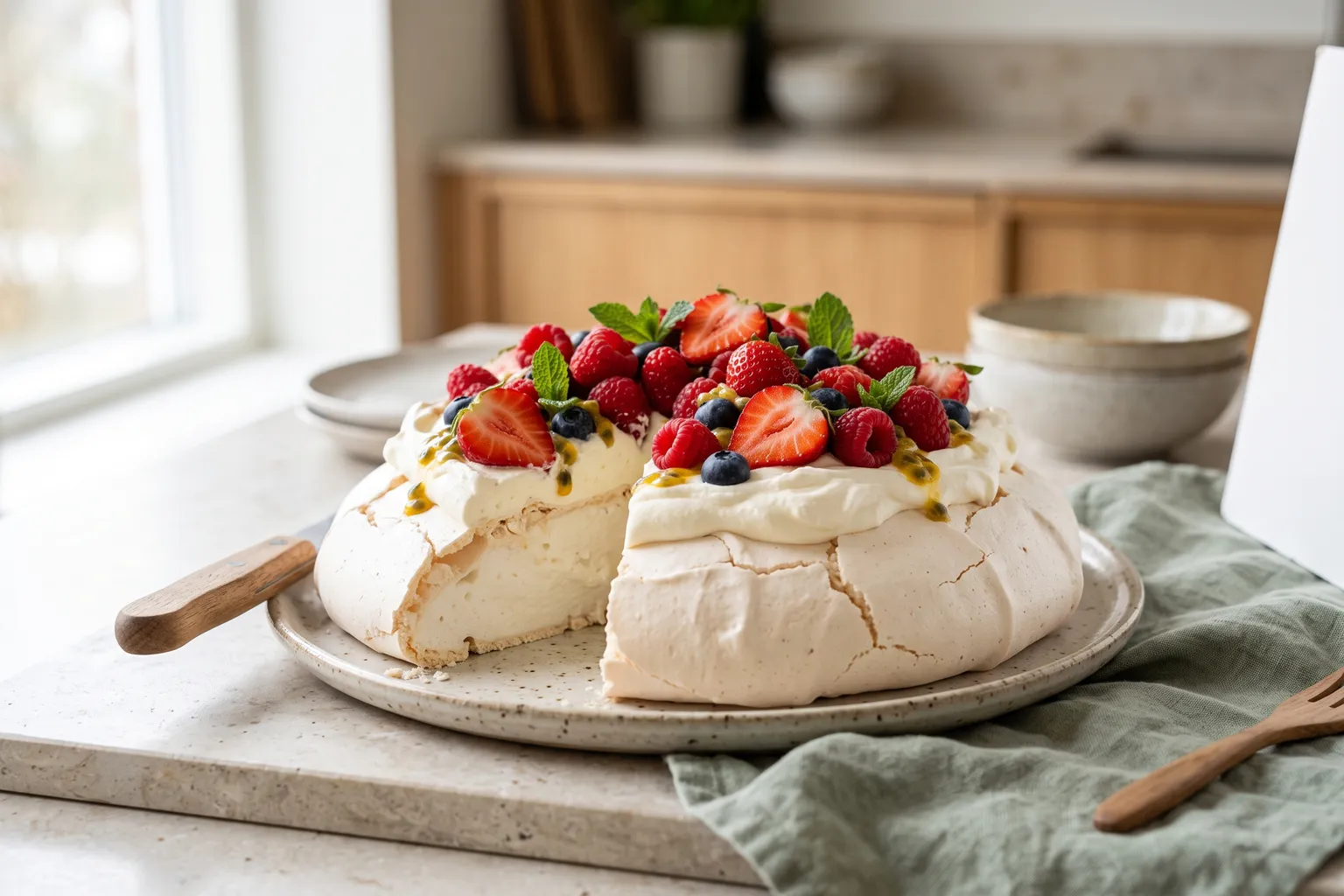 Pavlova med sprød, hvid marengsbund, flødeskum, jordbær, hindbær, blåbær, passionsfrugt og mynte, et stykke skåret ud