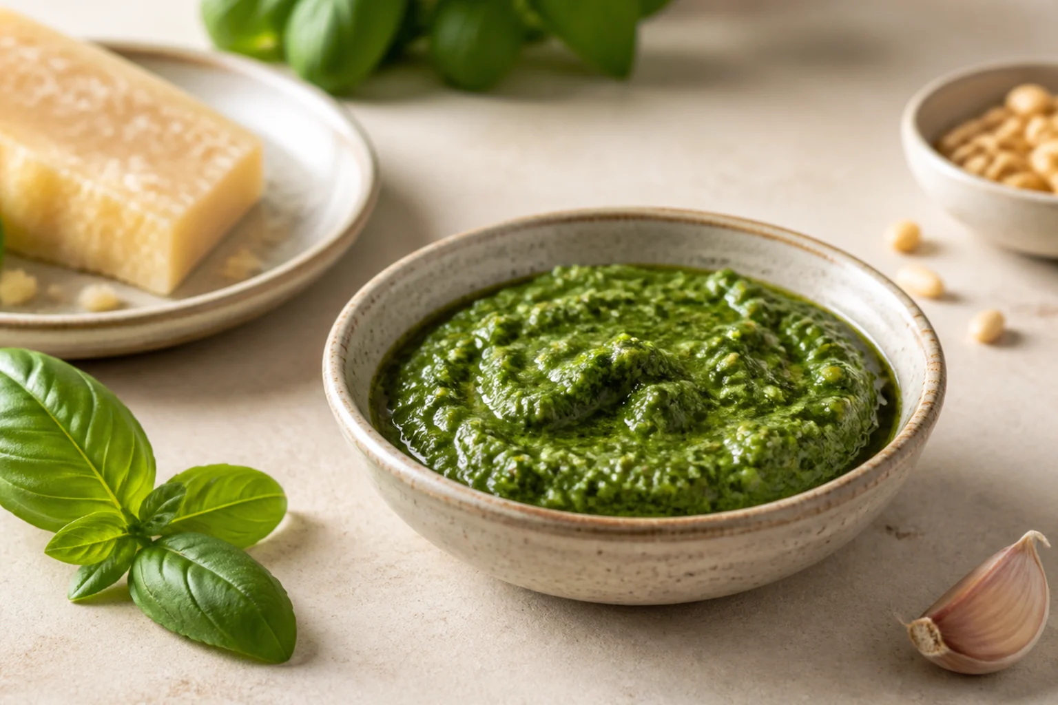 Grøn pesto serveret og klar