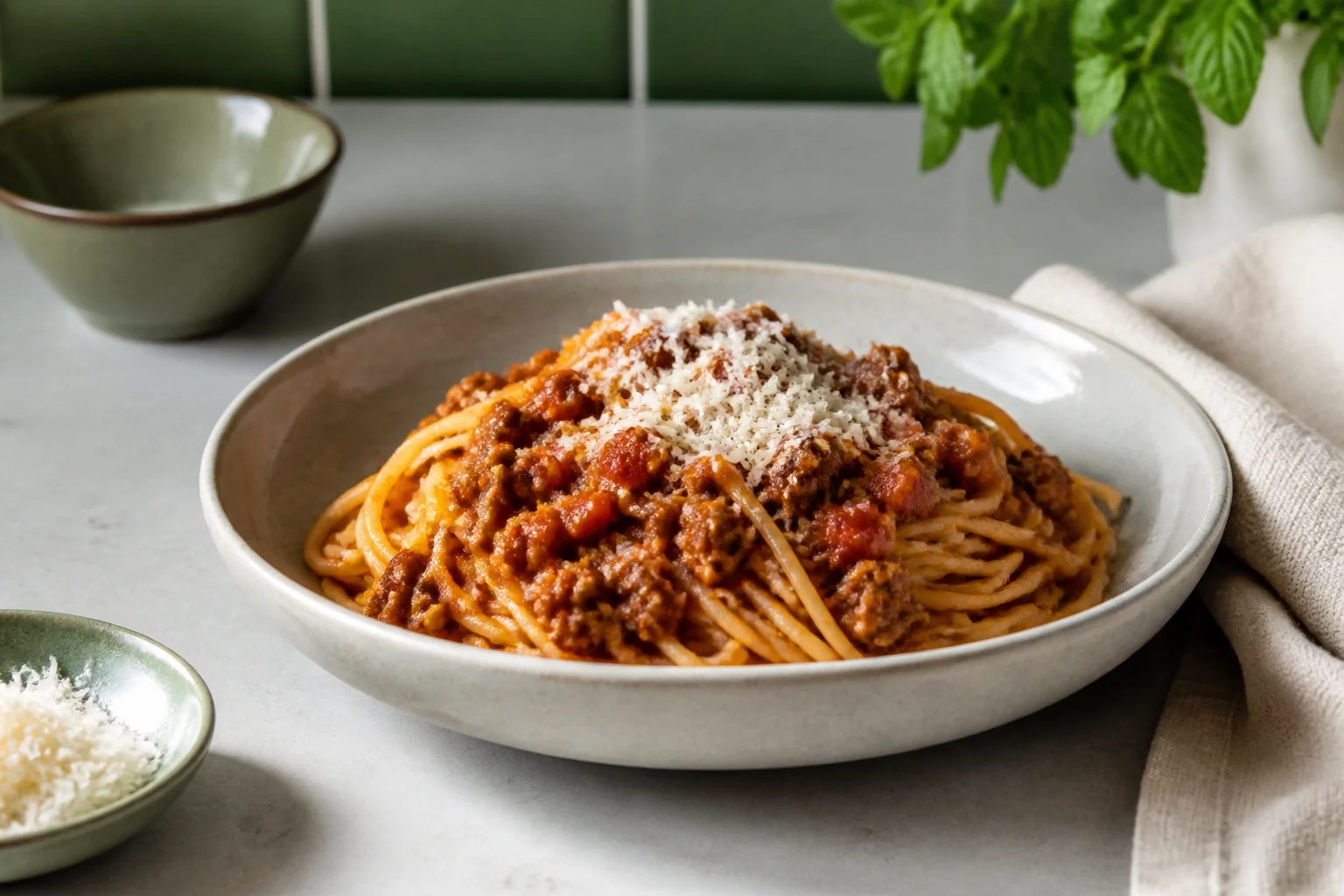 Spaghetti bolognese anrettet og klar til servering
