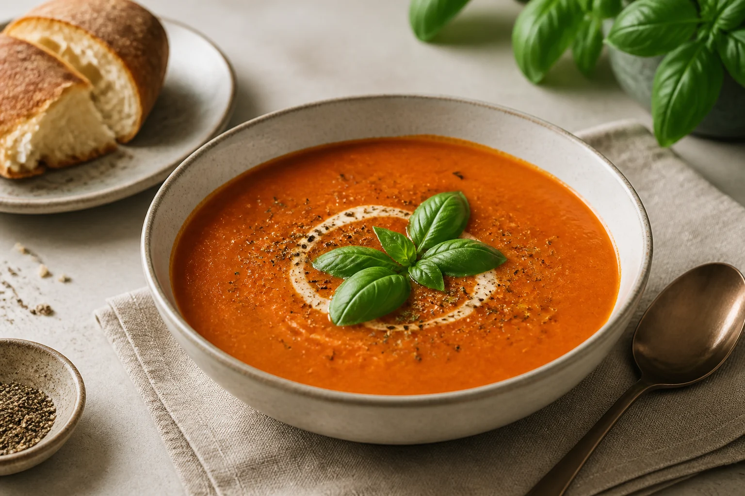 Cremet tomatsuppe anrettet og klar til servering