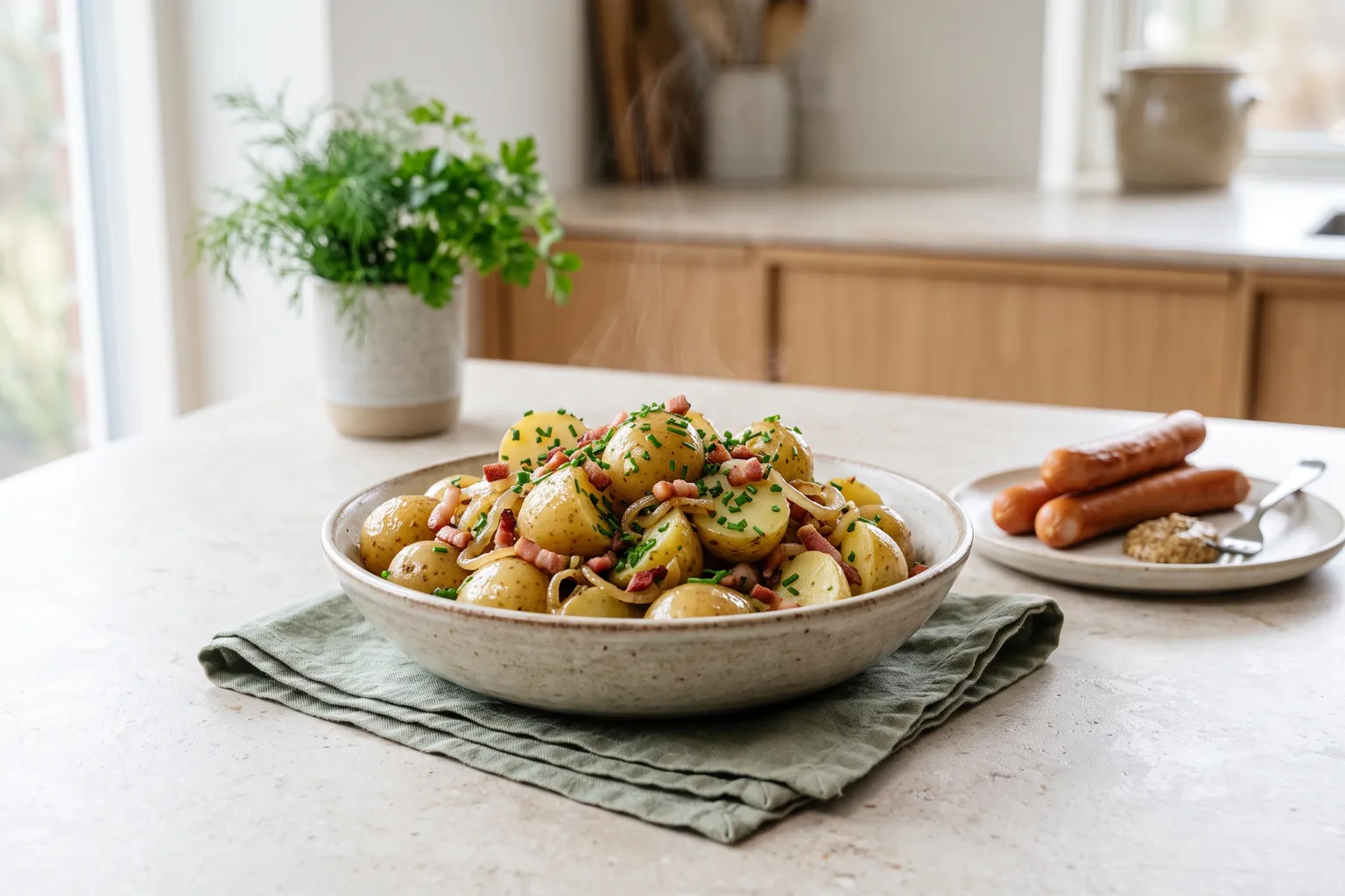 Skål med varm kartoffelsalat af halverede nye kartofler med bacon, stegte løg og purløg, pølser og sennep på en tallerken bagved